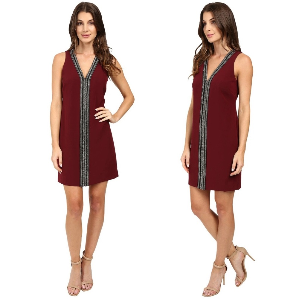 Laundry By Shelli Segal Burgundy V-Neck Mini Dress